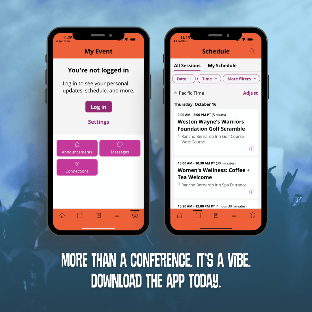 An image of two phones with the Law-Di__gras app open on then. The image has text that reads :More than a conference, it's a vibe. Download the App Today"