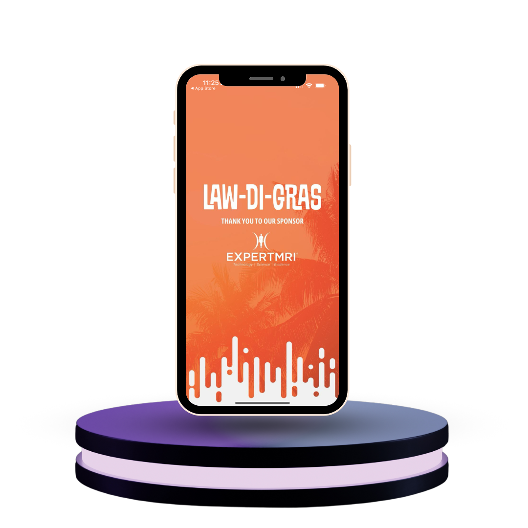 An image of a phone floating on a pedestal showing the splash screen for the Law-Di_gras App