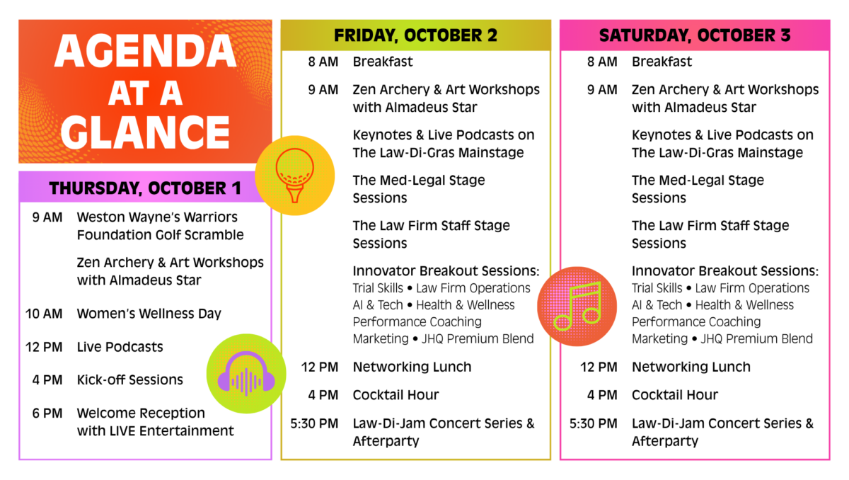 Agenda graphic for a three-day event, styled with bright orange, yellow, and pink panels. Thursday, October 1: 9 AM – Weston Wayne’s Warriors Foundation Golf Scramble; Zen Archery & Art Workshops with Almadeus Star 10 AM – Women’s Wellness Day 12 PM – Live Podcasts 4 PM – Kick-off Sessions 6 PM – Welcome Reception with live entertainment Friday, October 2: 8 AM – Breakfast 9 AM – Zen Archery & Art Workshops with Almadeus Star; Keynotes & live podcasts on the Law-Di-Gras Mainstage; Med-Legal Stage sessions; Law Firm Staff Stage sessions; Innovator Breakout Sessions (Trial Skills, Law Firm Operations, AI & Tech, Health & Wellness, Performance Coaching, Marketing, JHQ Premium Blend) 12 PM – Networking Lunch 4 PM – Cocktail Hour 5:30 PM – Law-Di-Jam Concert Series & Afterparty Saturday, October 3: 8 AM – Breakfast 9 AM – Same programming as Friday (workshops, keynotes, stage sessions, and breakout sessions) 12 PM – Networking Lunch 4 PM – Cocktail Hour 5:30 PM – Law-Di-Jam Concert Series & Afterparty Decorative icons (golf ball, headphones, music note) appear throughout.