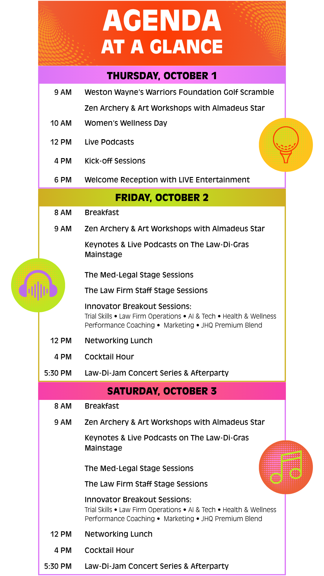 Agenda graphic for a three-day event, styled with bright orange, yellow, and pink panels.