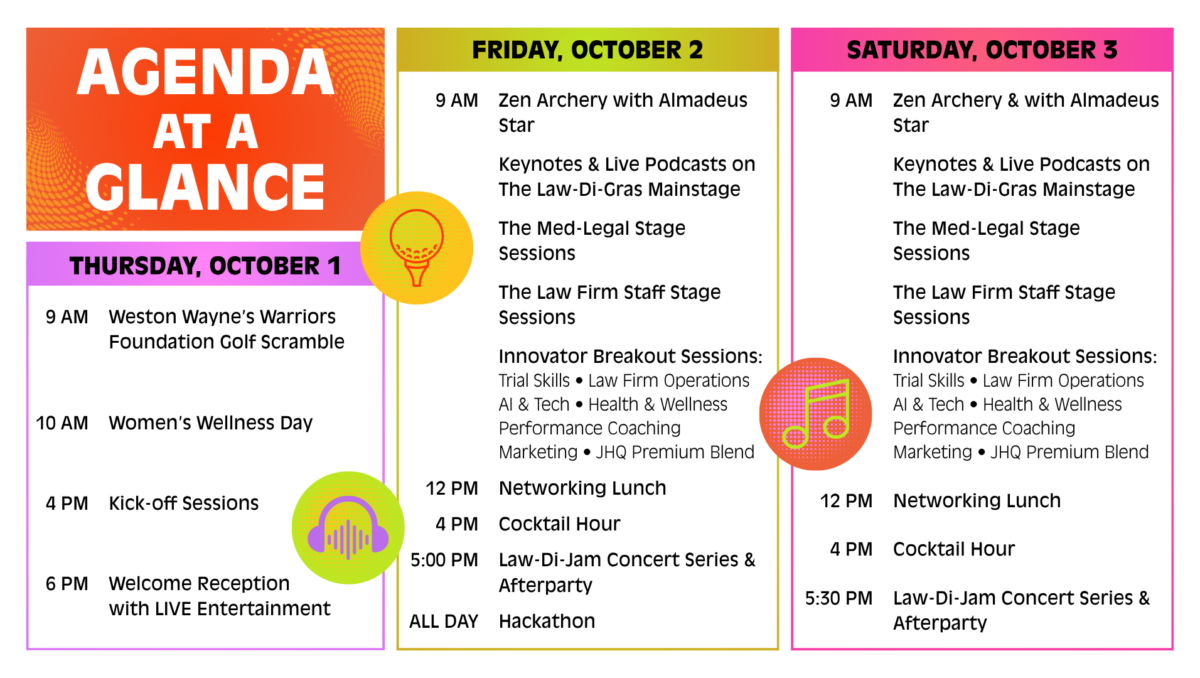 Colorful event agenda graphic titled "Agenda at a Glance" with a three-day schedule for October 1–3. Thursday, October 1: 9 AM Weston Wayne’s Warriors Foundation Golf Scramble; 10 AM Women’s Wellness Day; 4 PM Kick-off Sessions; 6 PM Welcome Reception with live entertainment. Friday, October 2: 9 AM Zen Archery with Almadeus Star; keynotes and live podcasts on the Law-Di-Gras Mainstage; Med-Legal Stage sessions; Law Firm Staff Stage sessions; Innovator Breakout Sessions (Trial Skills, Law Firm Operations, AI & Tech, Health & Wellness, Performance Coaching, Marketing, JHQ Premium Blend); 12 PM Networking Lunch; 4 PM Cocktail Hour; 5 PM Law-Di-Jam Concert Series & Afterparty; all-day Hackathon. Saturday, October 3: similar programming beginning at 9 AM, with Networking Lunch at noon, Cocktail Hour at 4 PM, and Law-Di-Jam Concert Series & Afterparty at 5:30 PM. Decorative golf, headphones, and music note icons accent the design.