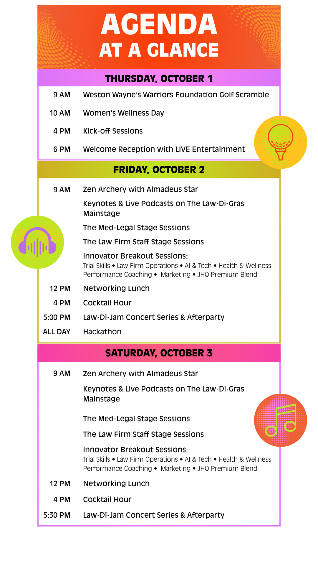 Colorful event agenda graphic titled "Agenda at a Glance" with a three-day schedule for October 1–3. Thursday, October 1: 9 AM Weston Wayne’s Warriors Foundation Golf Scramble; 10 AM Women’s Wellness Day; 4 PM Kick-off Sessions; 6 PM Welcome Reception with live entertainment. Friday, October 2: 9 AM Zen Archery with Almadeus Star; keynotes and live podcasts on the Law-Di-Gras Mainstage; Med-Legal Stage sessions; Law Firm Staff Stage sessions; Innovator Breakout Sessions (Trial Skills, Law Firm Operations, AI & Tech, Health & Wellness, Performance Coaching, Marketing, JHQ Premium Blend); 12 PM Networking Lunch; 4 PM Cocktail Hour; 5 PM Law-Di-Jam Concert Series & Afterparty; all-day Hackathon. Saturday, October 3: similar programming beginning at 9 AM, with Networking Lunch at noon, Cocktail Hour at 4 PM, and Law-Di-Jam Concert Series & Afterparty at 5:30 PM. Decorative golf, headphones, and music note icons accent the design.