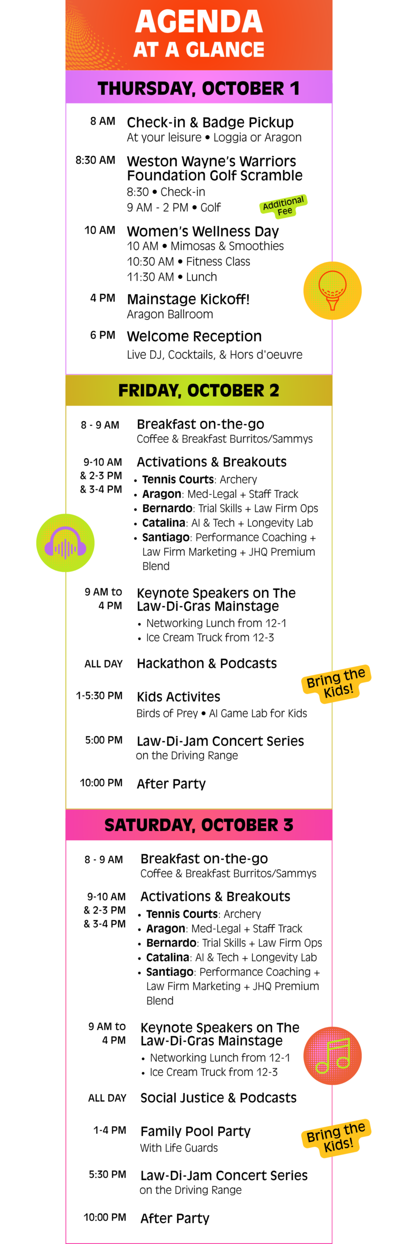 Law-Di-Gras 2026 agenda at a glance showing events and activities for Thursday, October 1 through Saturday, October 3, including golf, wellness activities, keynote speakers, breakout sessions, kids activities, concerts, receptions, and after parties.