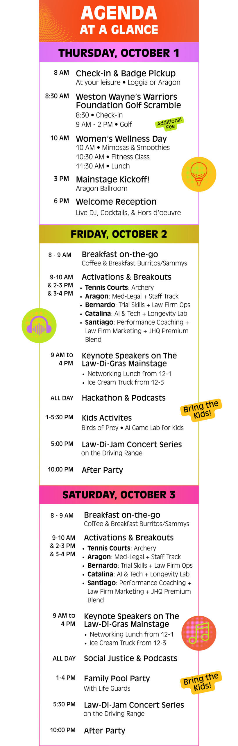 Law-Di-Gras 2026 Agenda at a Glance for October 1–3, featuring check-in and badge pickup, golf scramble, Women’s Wellness Day, mainstage kickoff, welcome reception, breakfast, activations and breakouts, keynote speakers, hackathon, podcasts, kids activities, family pool party, Law-Di-Jam concert series, and after parties.