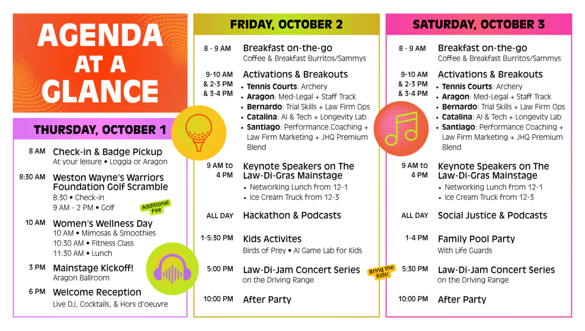 Law-Di-Gras 2026 Agenda at a Glance for October 1–3, featuring check-in and badge pickup, golf scramble, Women’s Wellness Day, mainstage kickoff, welcome reception, breakfast, activations and breakouts, keynote speakers, hackathon, podcasts, kids activities, family pool party, Law-Di-Jam concert series, and after parties.